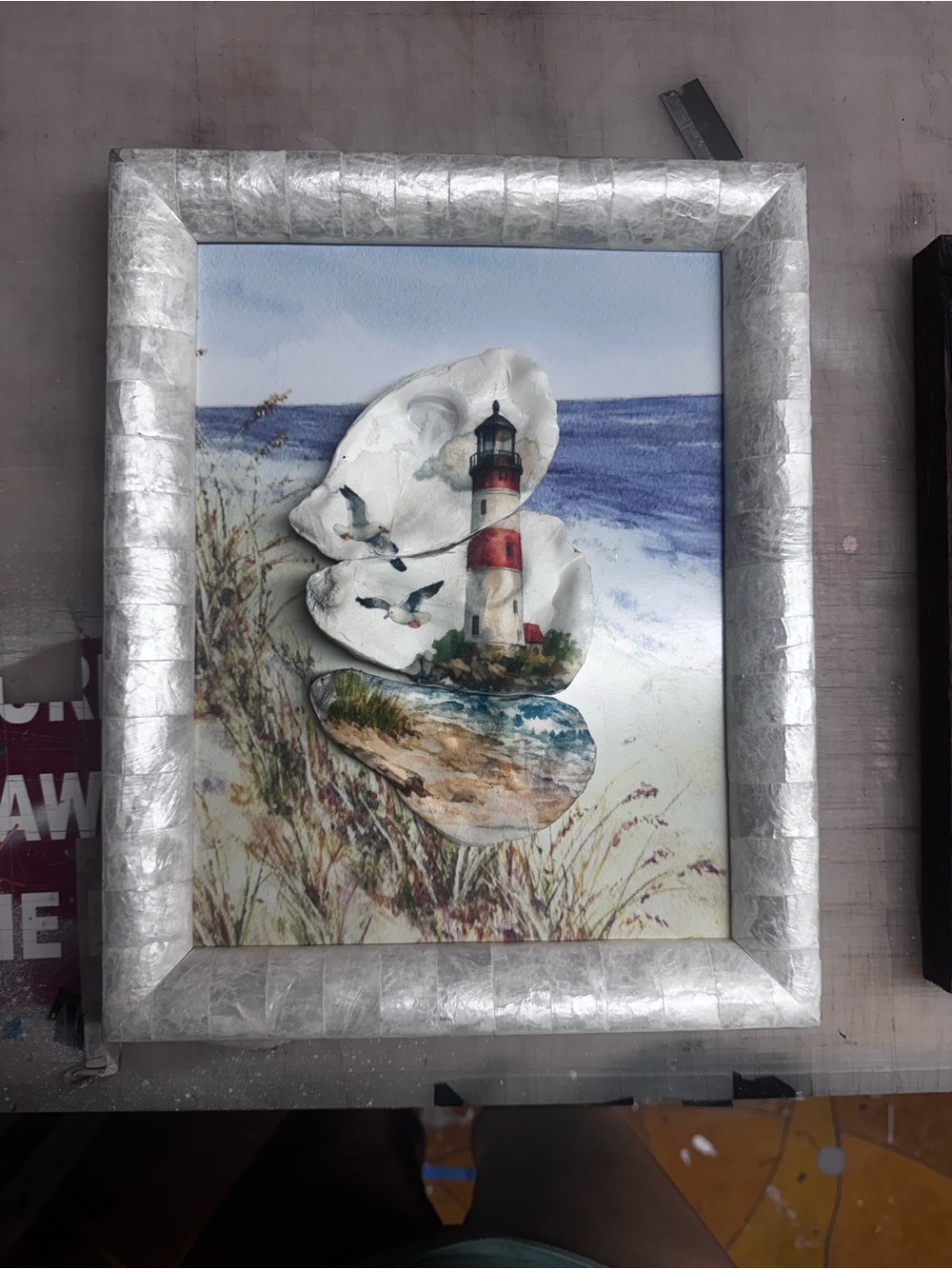 Coastal Lighthouse real Shell Wall Art - White frame